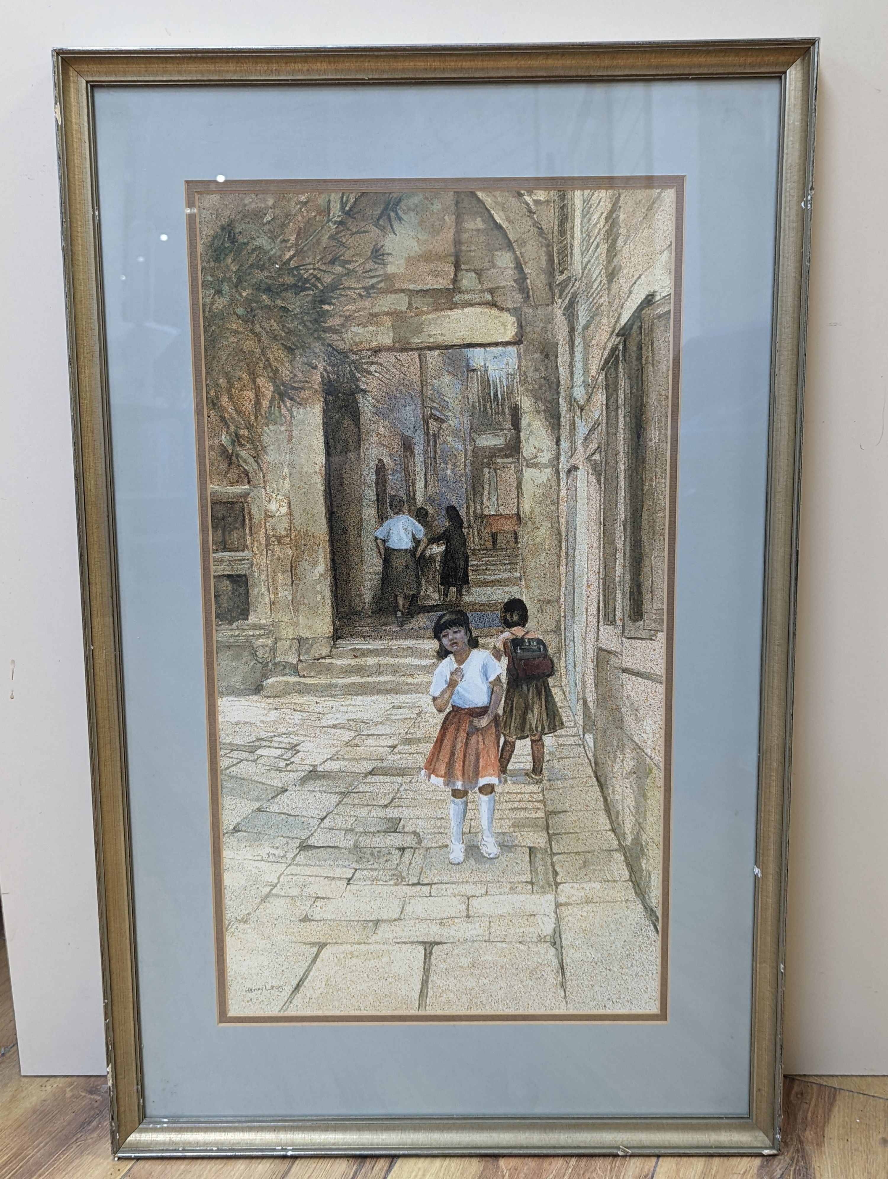 Henry Legg, ink and watercolour, 'School Children Hvar', signed with label verso, 52 x 28cm